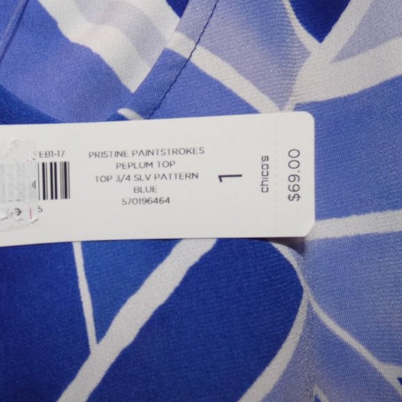 Women's White with Blue Flowers Blouse, Chico's, Size Medium, New with Tags - Picture 4 of 8